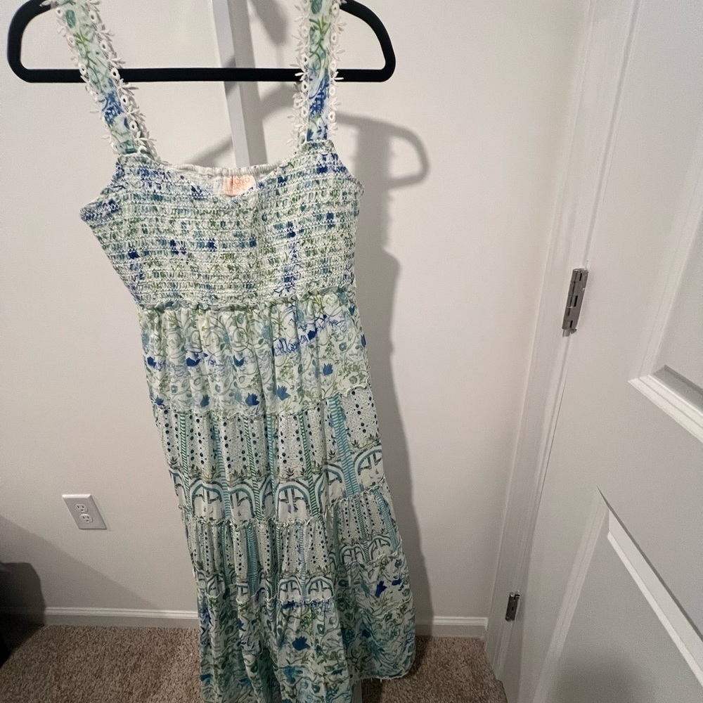 ROCOCO SAND Elan Womens Dress M Blue Green Print Smocked Sleeveless Maxi
